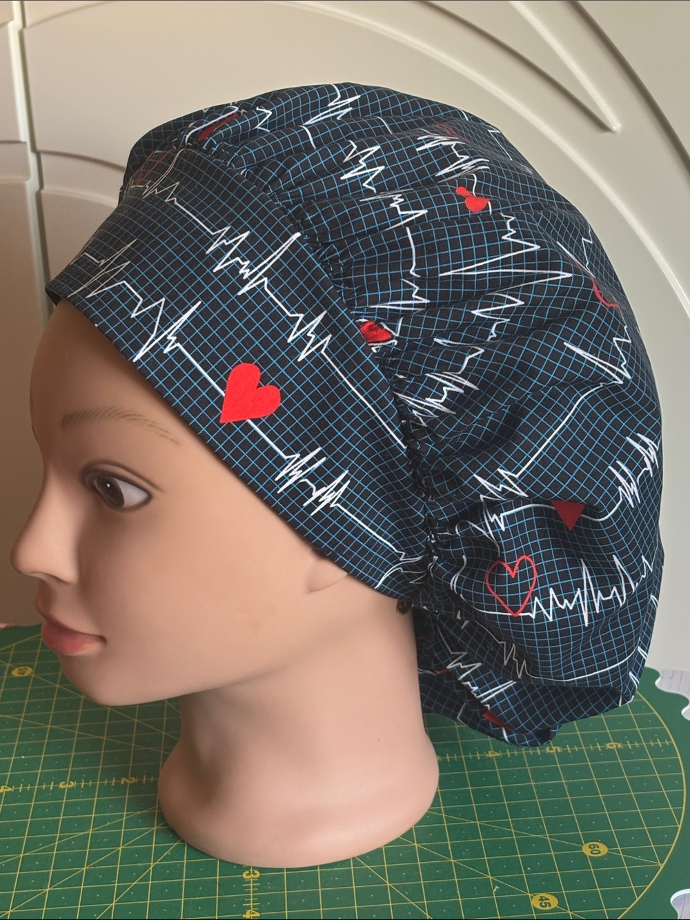 Scrub Cap with Red Heart and ECG Print
